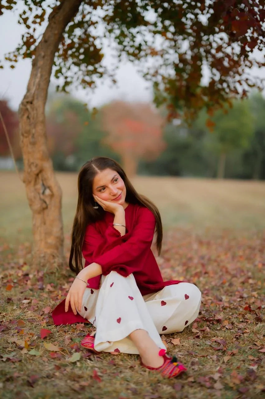 Noor Maroon Heart-Embroidered 2PC Suit
